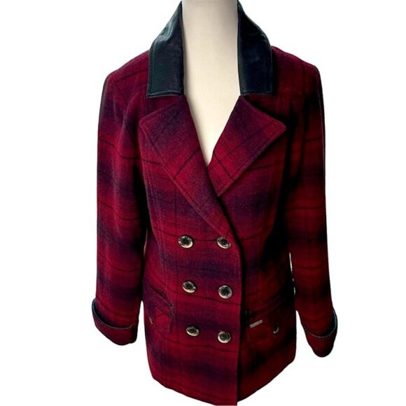 Powder River Outfitters Double Breasted Coat Wool Blend & Leather Collar Size L - Picture 1 of 12